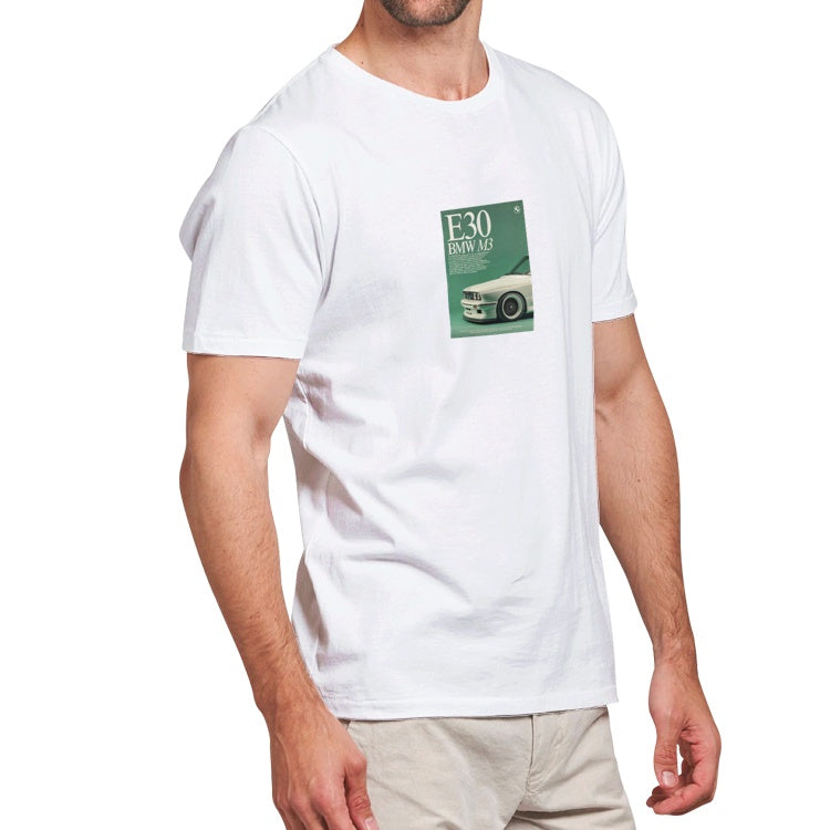 Retro BMW E30 M3 Magazine Style Graphic Tee - Men's White T-Shirt